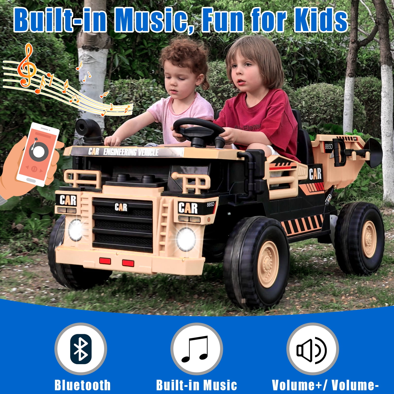 FINITO 12V 10Ah Ride on Tor for Toddlers, Powerful 4 Wheels Electric Dump Truck, 2 Seater Kids Ride on Car w/Parent Remote Control, Khaki