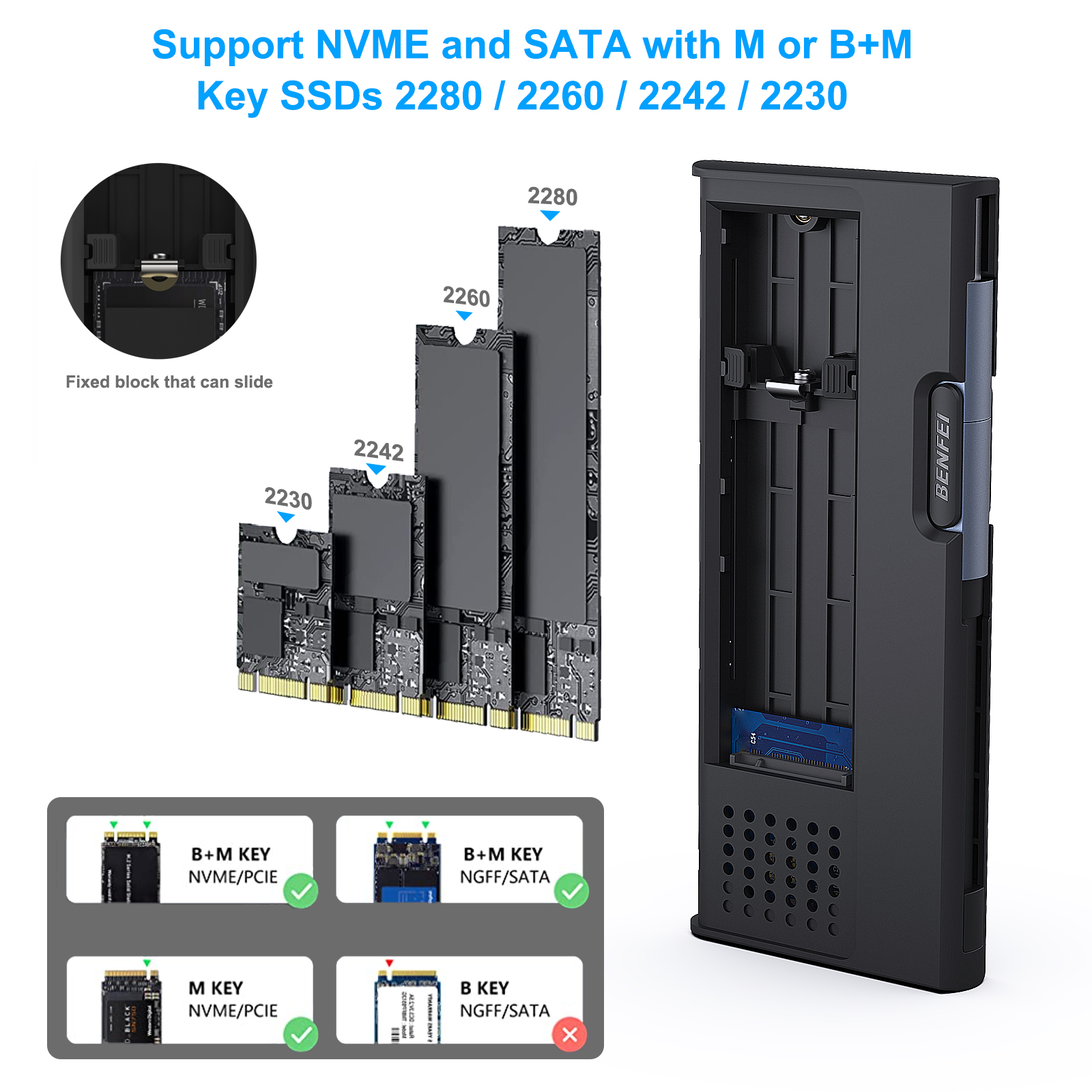 Benfei M.2 Nvme Sata Ssd Enclosure, 10 Gbps Usb Type-c Type-a To Nvme 