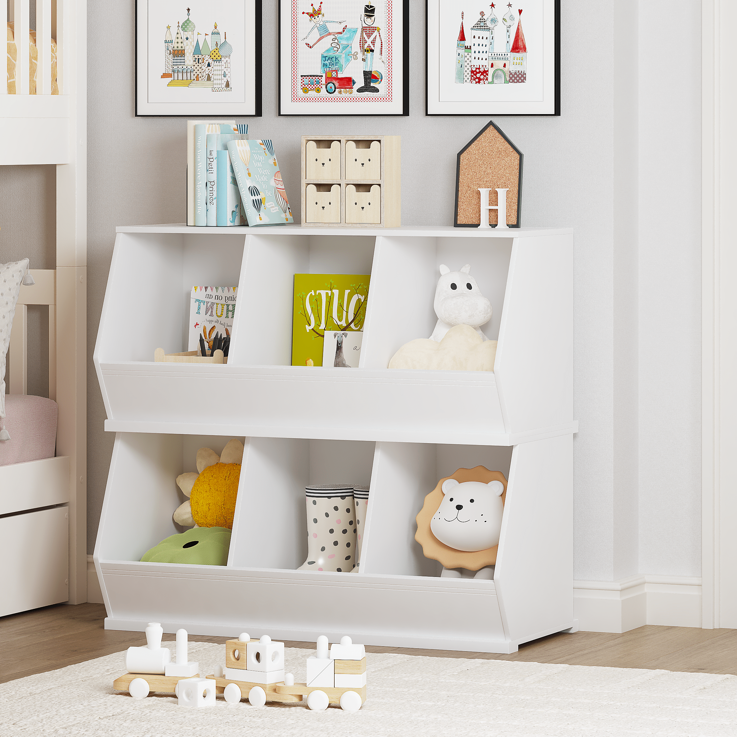 STAROUS Stackable Toy Storage Cabinet, Toy Storage Organizer for Kids, White Wooden Cubby Toy Organizer