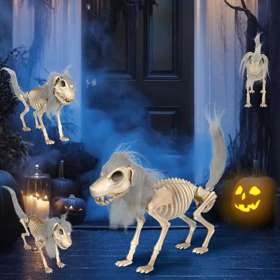 Dserhfy Halloween Skeleton Dog Decoration Posable Standing Dog Skeleton with Movable Joints Plastic Full Body Dog Bone with Mane for Haunted House Graveyard Decor