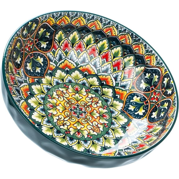 Large Serving Bowls, 75 Oz Fruit Salad Bowls, Bohemian Style Large Porcelain Dishes for Entertaining Parties,Big Bowls for Eating So , Salad, Pasta, Fruit, Chips, 10.3 Inch Diameter (green)