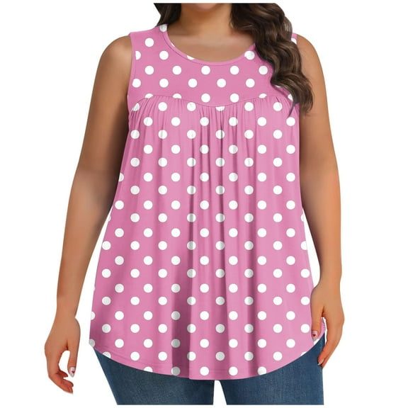 Womens Plus Size Tunic Tops, Oversized Tank Tops for Women Summer Dressy Casual Dots Printed Flowy Crewneck Sleeveless Shirts