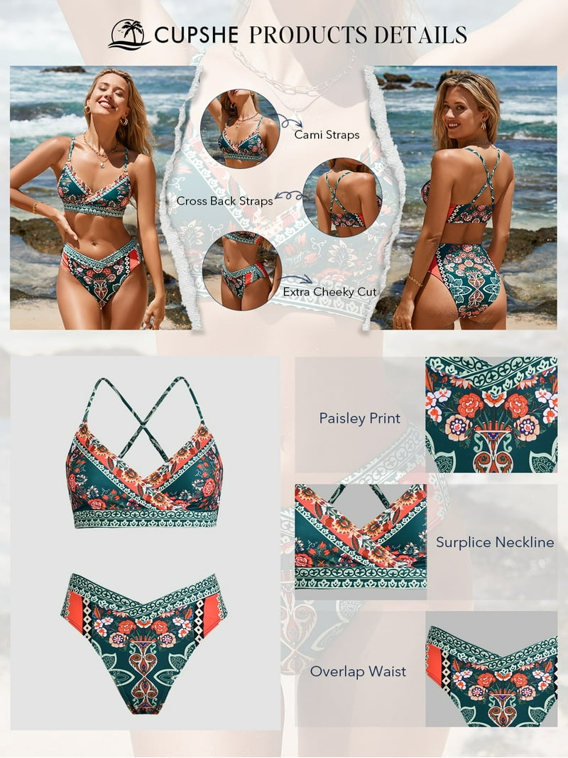 【関税込】Cupshe ヴィンテージ ペイズリー ビキニ セット 水着 Cupshe Women's Vintage Paisley Triangle Top & Overlap Cheeky
