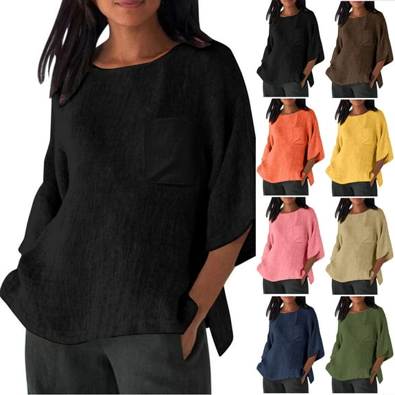 HVOBTTY Womens 3/4 Sleeves Pullover T Shirt, Fall Tops for Women, Women's Casual Crew Neck 3/4 Sleeve Linen Like Pocket Loose Lightweight Oversized Top Black, XXL
