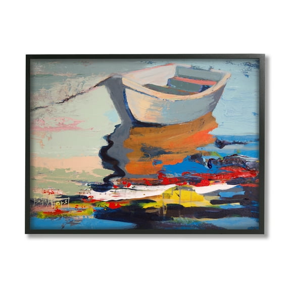 Stupell Industries Simple Rowboat Reflection in Abstract Lake Water Abstract Painting Black Framed Art Print Wall Art, 11 x 14