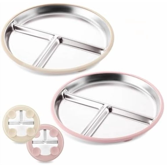 Stainless Steel Baby Plate with Suction, 9” Divided Toddler Plates with Removable Silicone Sleeves for Kids, Non-Toxic Non-Slip Unbreakable Dishwasher Safe Dinnerware Set of 2, Pink & Beige