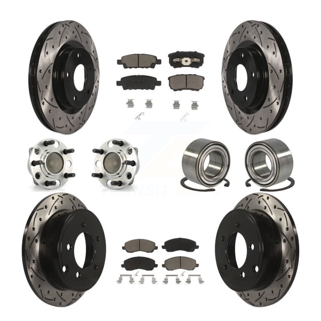 Transit Auto Front Rear Hub Bearings Assembly Coated Disc Brake Rotors and Ceramic Pads Kit (10Pc) for Car Dodge Caliber with 294mm Diameter Rotor - Left Right Side (Driver Passenger) KBB-117524