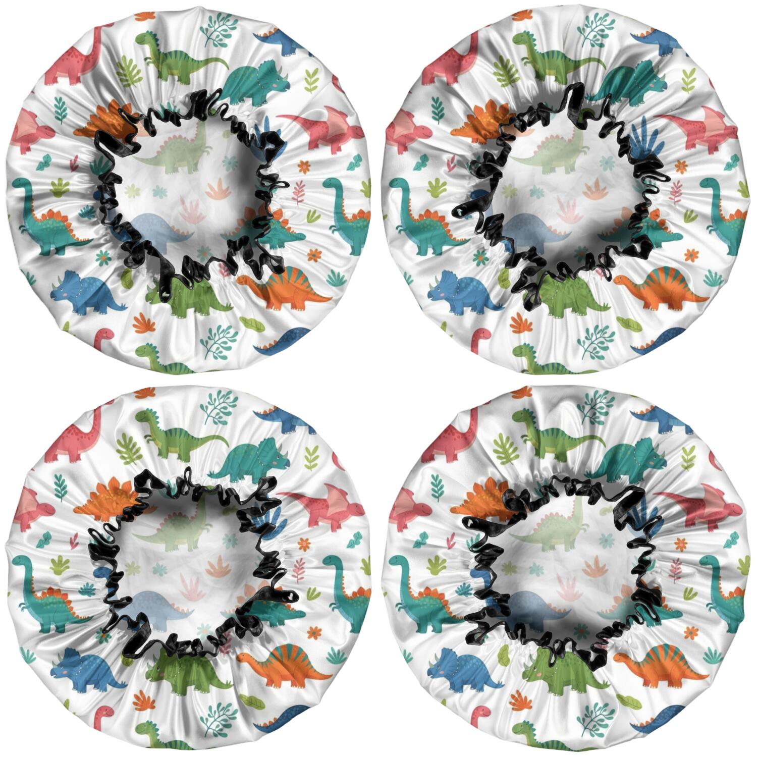 Shower Caps,White Colorful Dinosaur Plant Pattern Waterproof Shower Cap for Women 4 Pieces,Double Reusable Hair Cover for Shower PEVA Elastic Stretch Hem