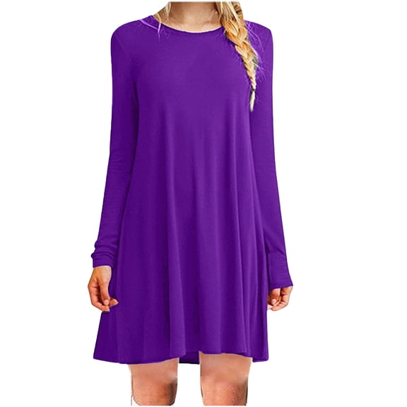 qolati Women Long Sleeve Dresses 2023 Fall Crewneck Tshirts Pleated Mini Dress Casual Loose Solid A-Line Holiday Dress