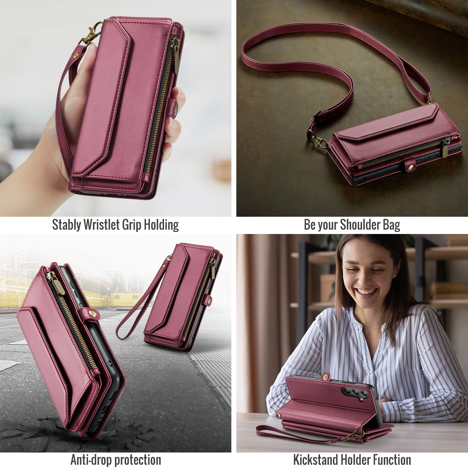 Asuwish Compatible with Samsung Galaxy A15 5G/4G Zipper Wallet Phone Case Tempered Glass Screen Protector Crossbody Lanyard Strap Flip Card Holder Slot Cell Cover for A 15 G5 15A Women Girls Wine Red