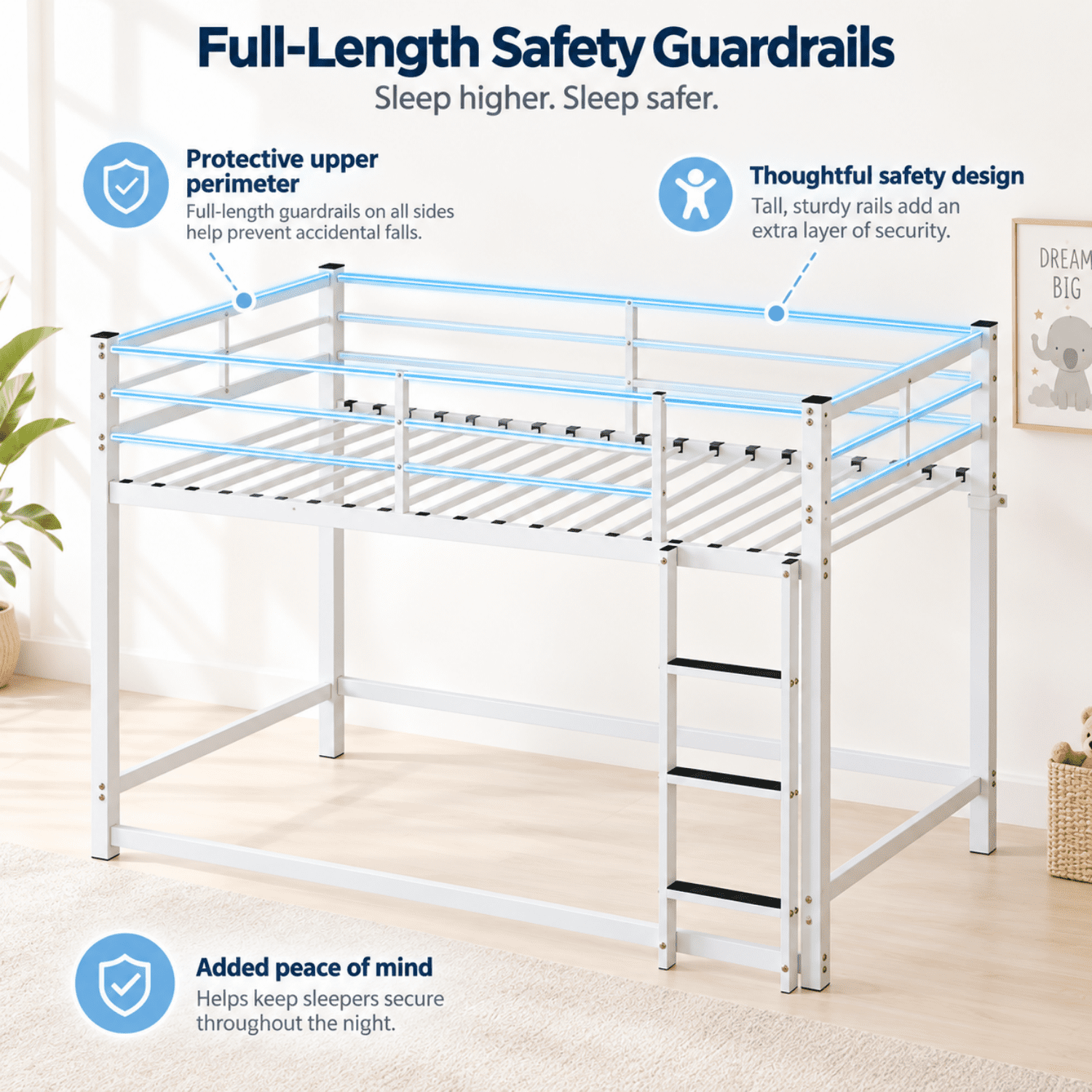 Miniyam Twin Over Twin Metal Bunk Bed with Full-Length Guardrails and Built-In Ladder, White