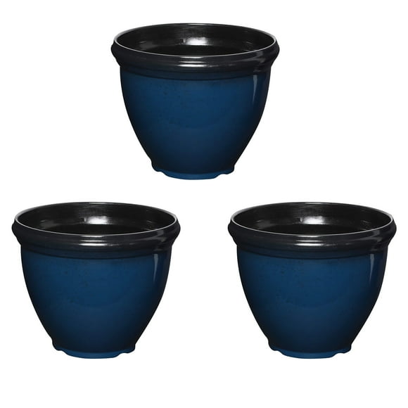 Southern Patio Heritage Outdoor Round Glossy Resin Planter, Blue (3 Pack)