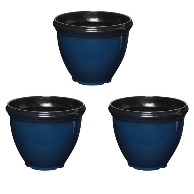Southern Patio Jardinière Ronde en Résine Brillante pour Extérieur, Bleu (Lot de 3)