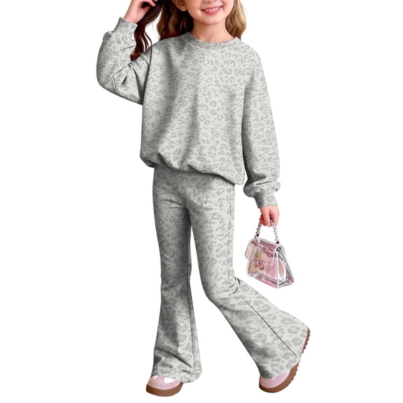 Grblisyd Girls 2 Piece Fall Outfits Fashion Leopard Print Crew Neck Long Sleeve Shirts & Flared Pants Clothing Set