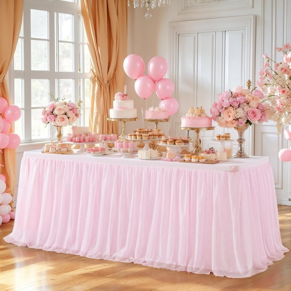 2 Pack Pink Tulle Table Cloth for Rectangle Tables 6FT