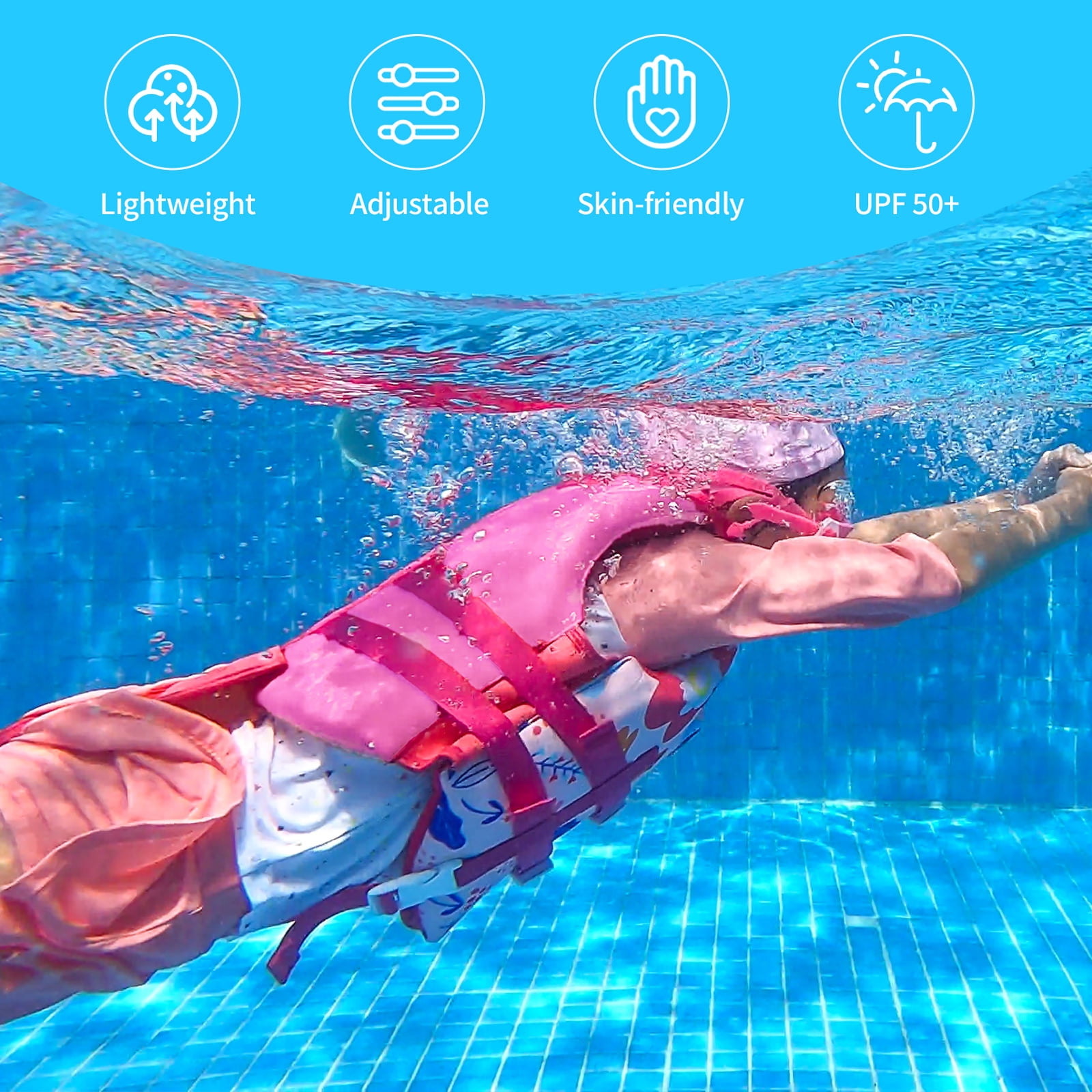 Gogokids Kids Swim Vest Life Jacket Flotation Swimming Aid with Adjustable Safety Strap,Flower Pink