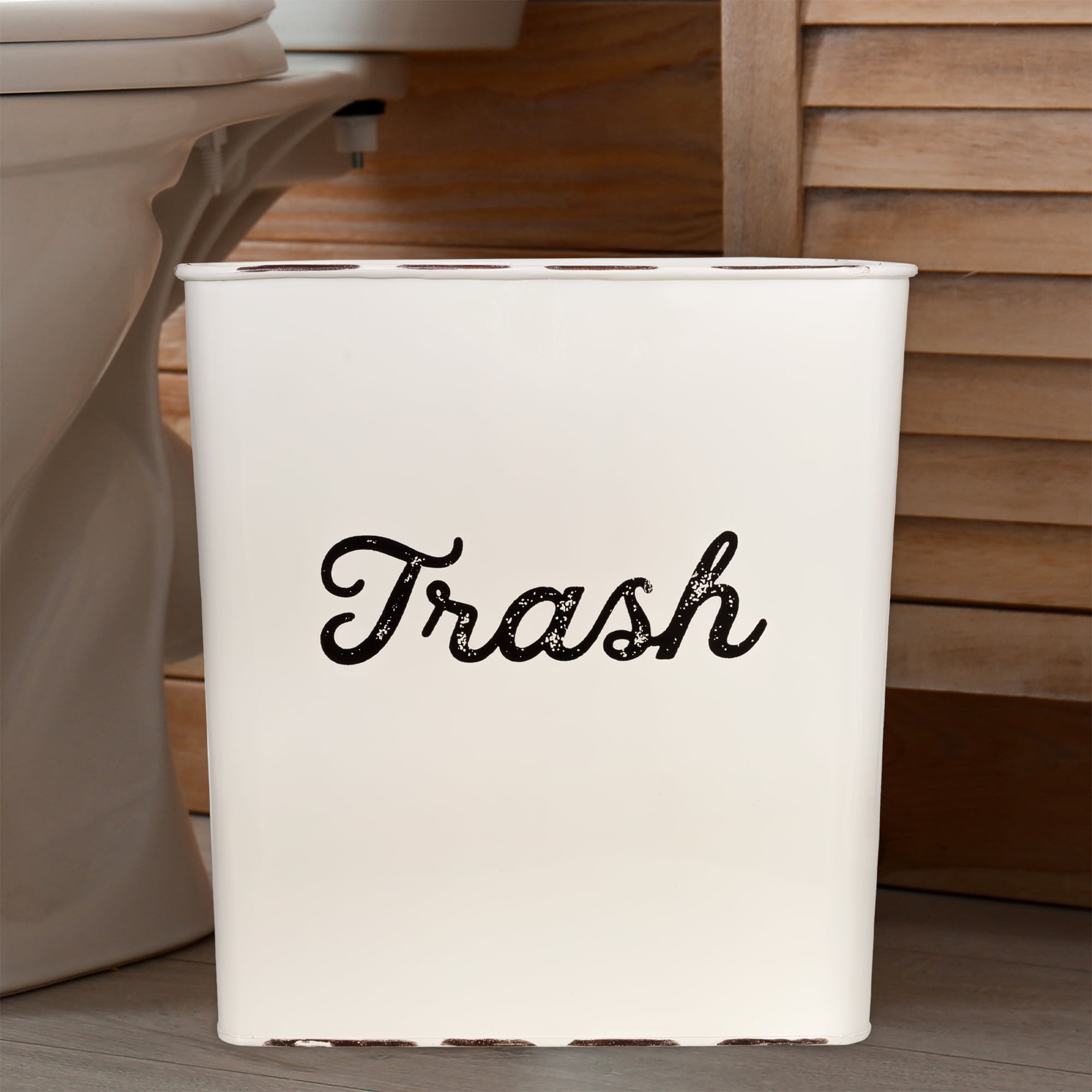 AuldHome Design White Enamel Trash Can, Rustic Farmhouse Wastebasket for Bathroom, Bedroom, or Office