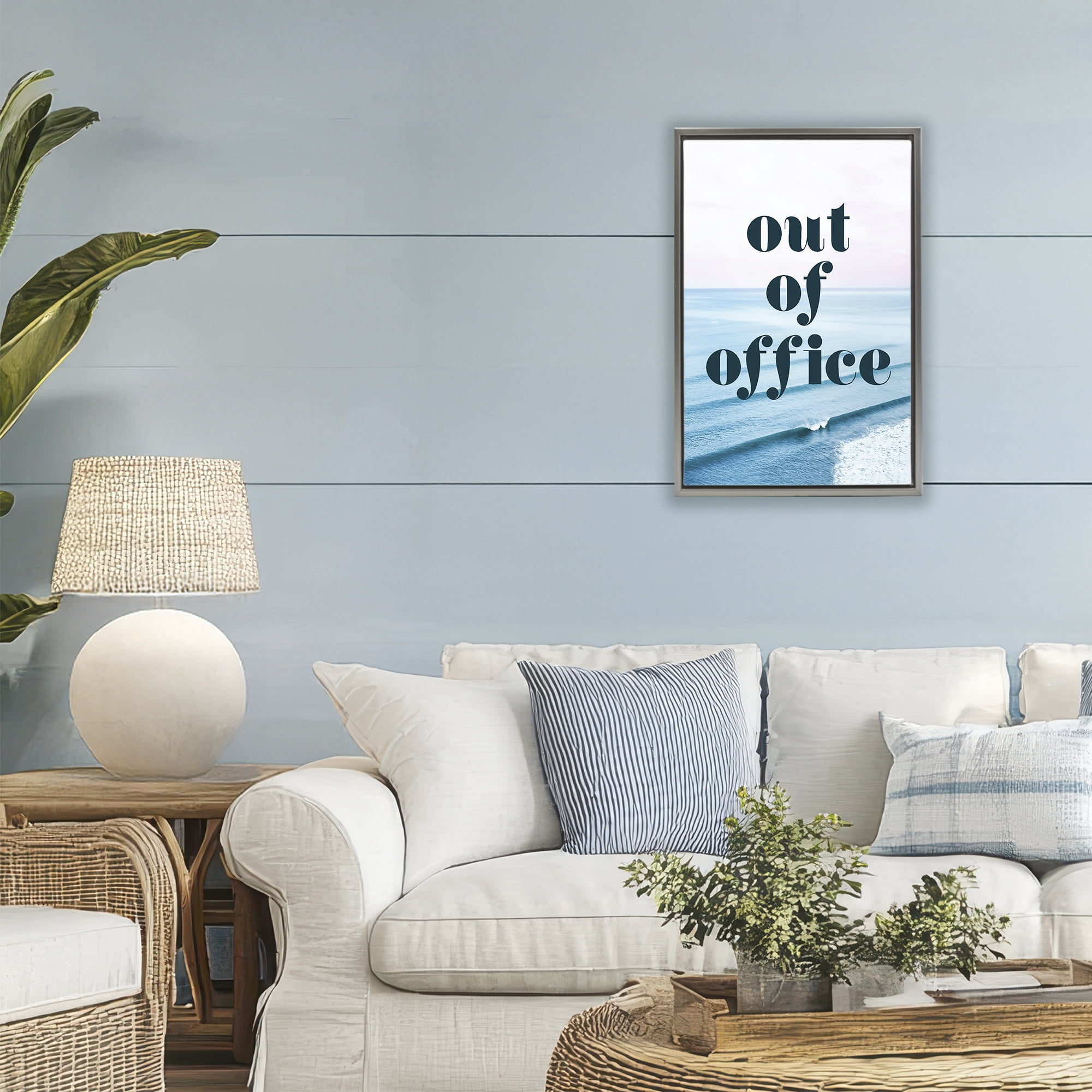 Out of Office Ocean Waves Gray Framed Floater Canvas Wall Art, design by Lil' Rue