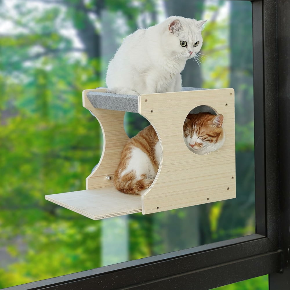 MIDODO Window Cat Perch, Sturdy Wood Cat Window Hammock with Heavy Duty Suction Cups, Cat Bed for Overlooking & Sleeping (Left)