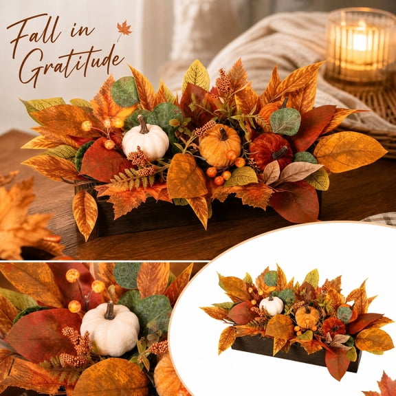 Fall Decorations for Home Featuring Artificial Pumpkins and Autumn Foliage in Wooden Box, Fall Table Decorations with Rustic Harvest Arrangement for Indoor Living Space,