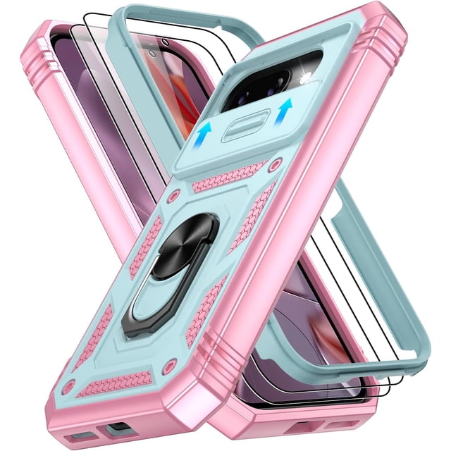 REQO Phone Case for Google Pixel 9A Case with with Slide Camera Cover | 2 Pack Screen Protector, Build in 360° Rotating Ring Kickstand, Military Grade Shockproof Protective