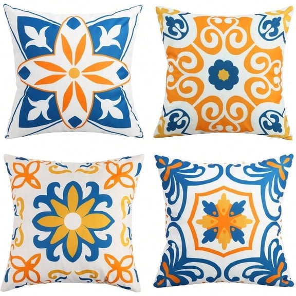 4-Piece Yellow Outdoor Waterproof Throw Pillow Set, Floral & Scroll Print, Bohemian Farmhouse Style, 18x18 Inches