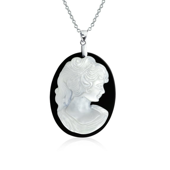 Bling Jewelry Womens Classic Victorian Black & White Cameo Pendant Necklace in Sterling Silver