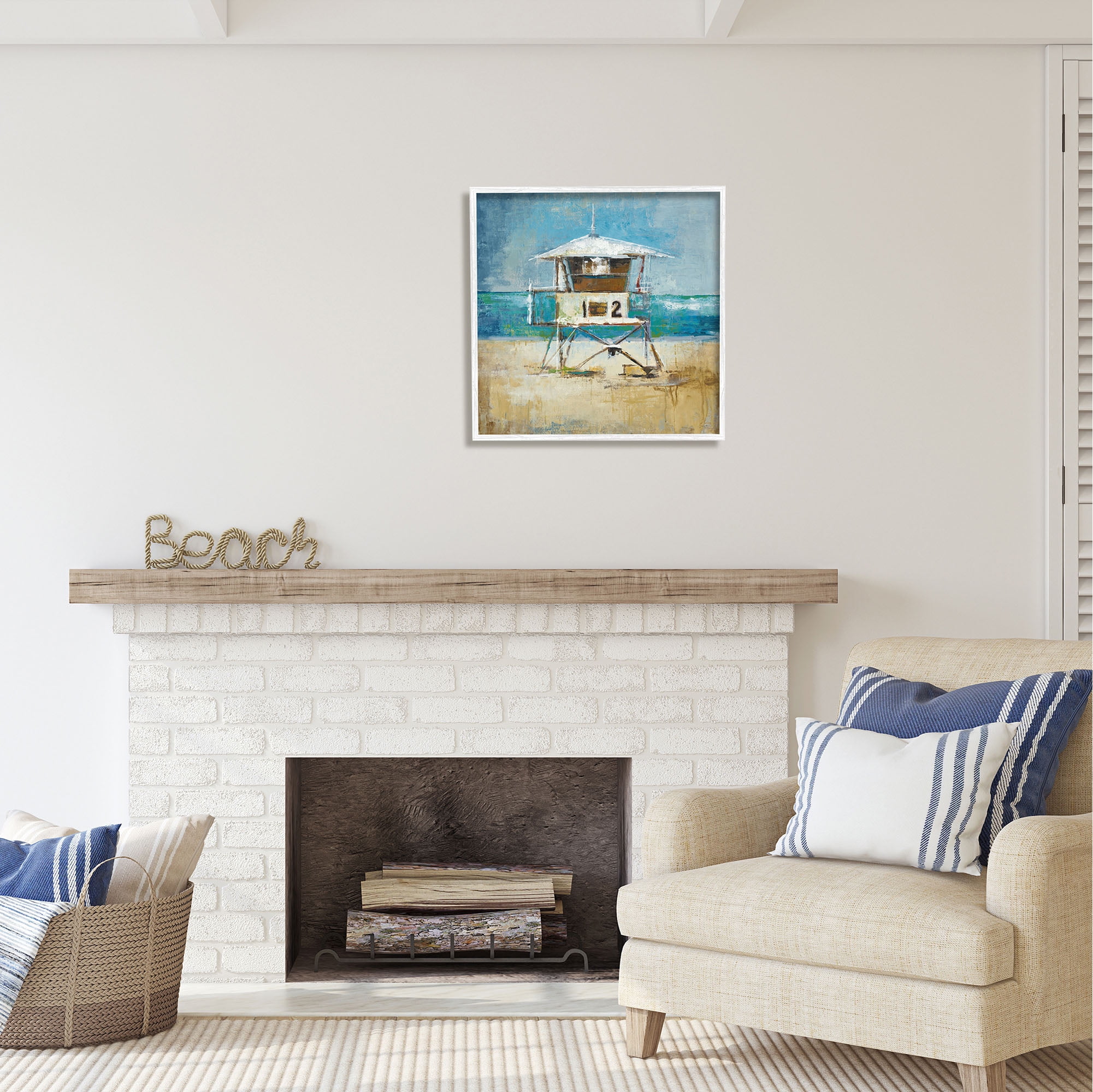 Stupell Industries Beach Hut Painting Nature Painting White Framed Art Print Wall Art, 24 x 24