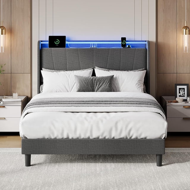 Ourlova Queen Bed Frame with Headboard Upholstered Bed Frame Charging Station LED Fabric No Box Spring Neede
