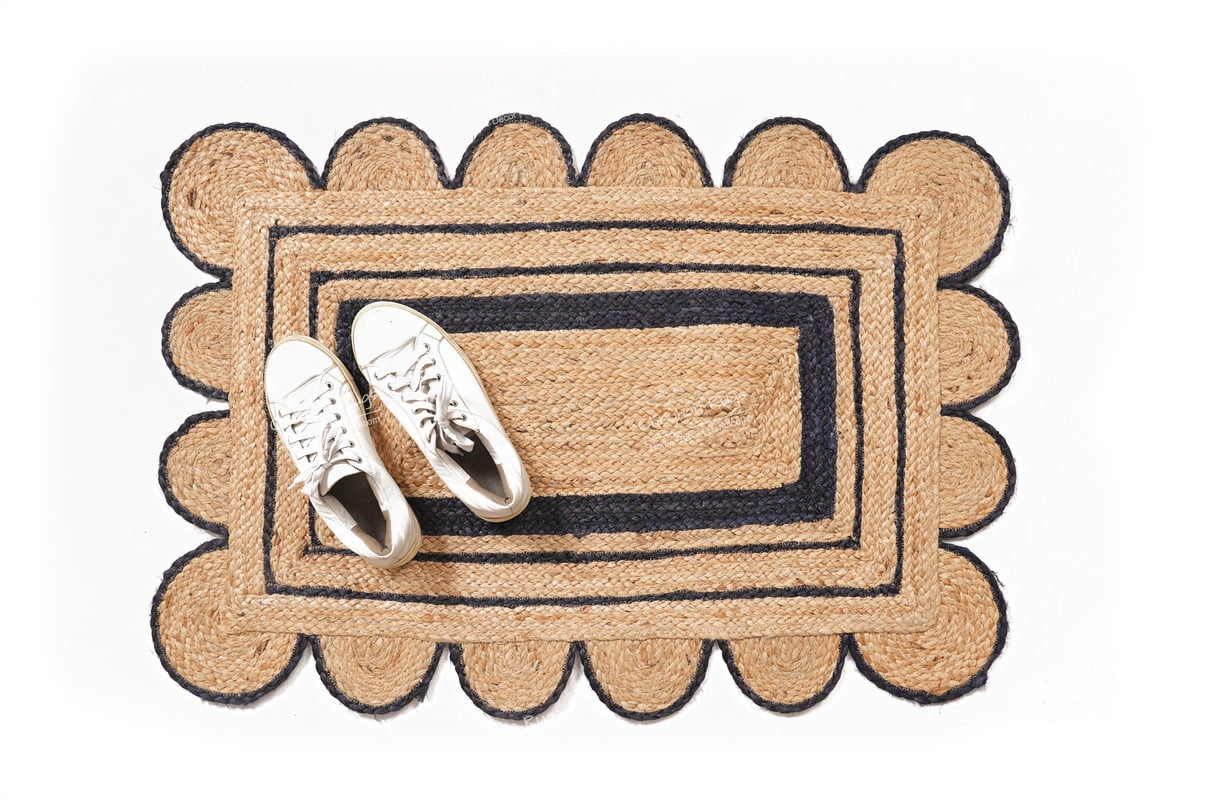 Rectangle Scalloped Jute Rug Beige And Navy Blue Color Area Rug Bohemian Jute Rug