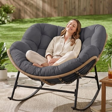 RADIATA Oversized Outdoor Papasan Rocking Chair with 5.1" Cushion, 450 lb Heavy-Duty Rattan Patio Rocker Chair, Water-Resistant Lounge Chair for Porch, Garden, Bedroom, Gray