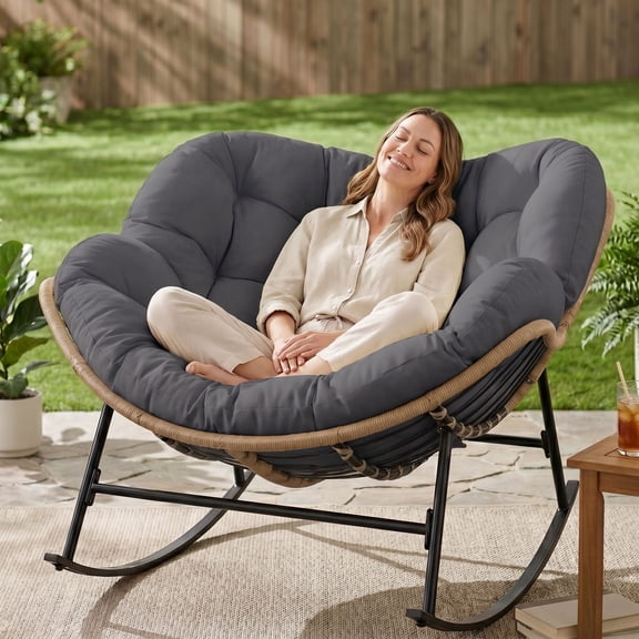 RADIATA Oversized Outdoor Papasan Rocking Chair with 5.1" Cushion, 450 lb Heavy-Duty Rattan Patio Rocker Chair, Water-Resistant Lounge Chair for Porch, Garden, Bedroom, Gray