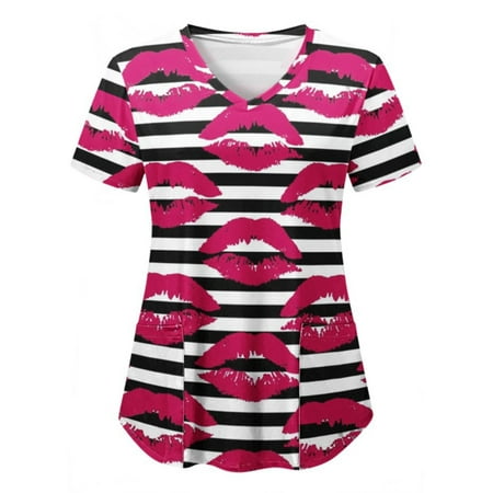 

Capreze Women s Heart Print Scrub Tops Short Sleeve Nurse Working Uniform Valentine s Day Tunic Workwear With Pockets