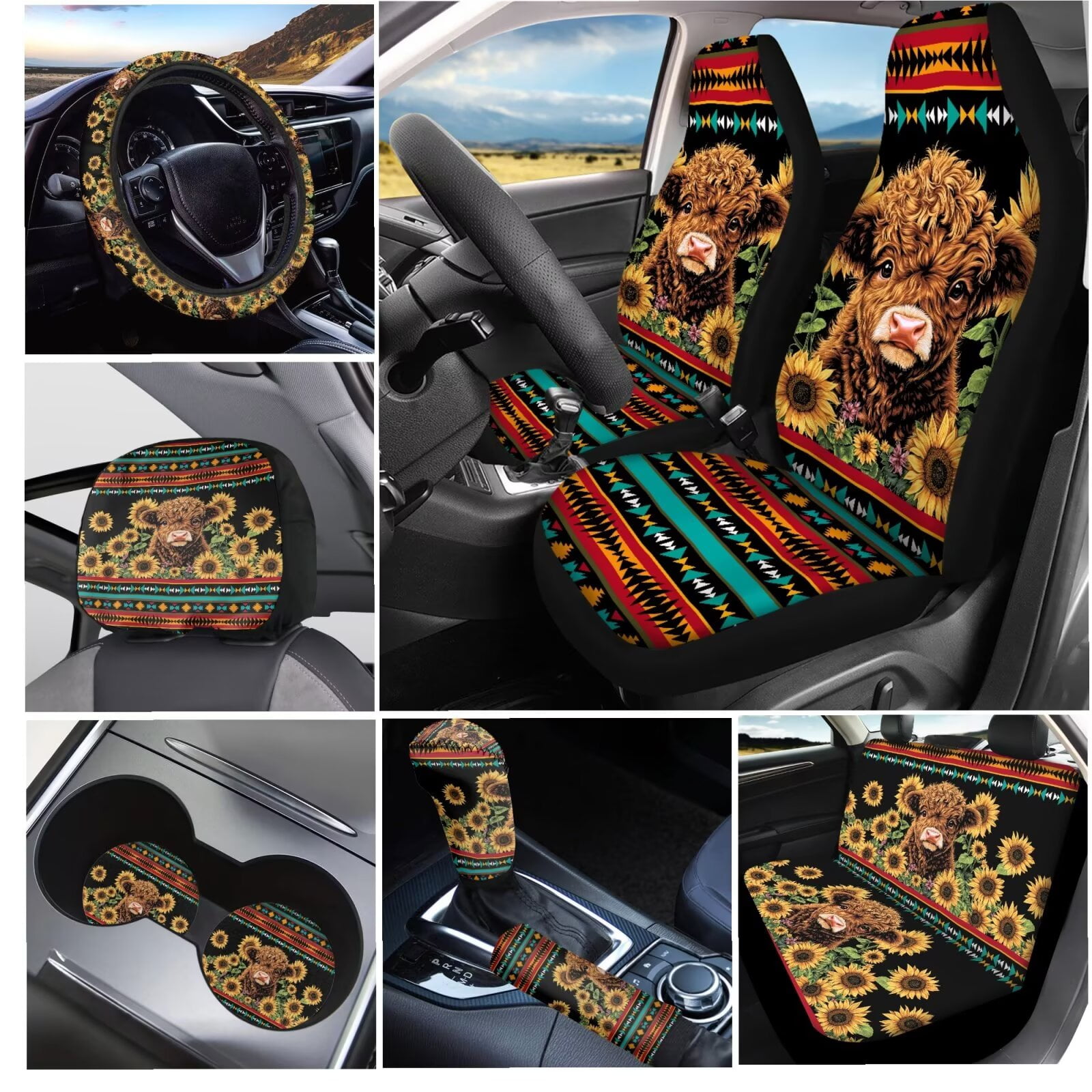 Garronmavis Aztec Highland Cow Sunflower Car Seat Covers Full Set Steering Wheel Wrap Gear Shift Cover Handbrake Sleeve Headrest Protectors Cup Coaster Set of 11 Decor Interior Protector