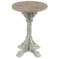 DecMode Farmhouse Wood Round Accent Table with Carved Floral Leg Stand and Brown/White Distressed Finish, 15"W x 23"H