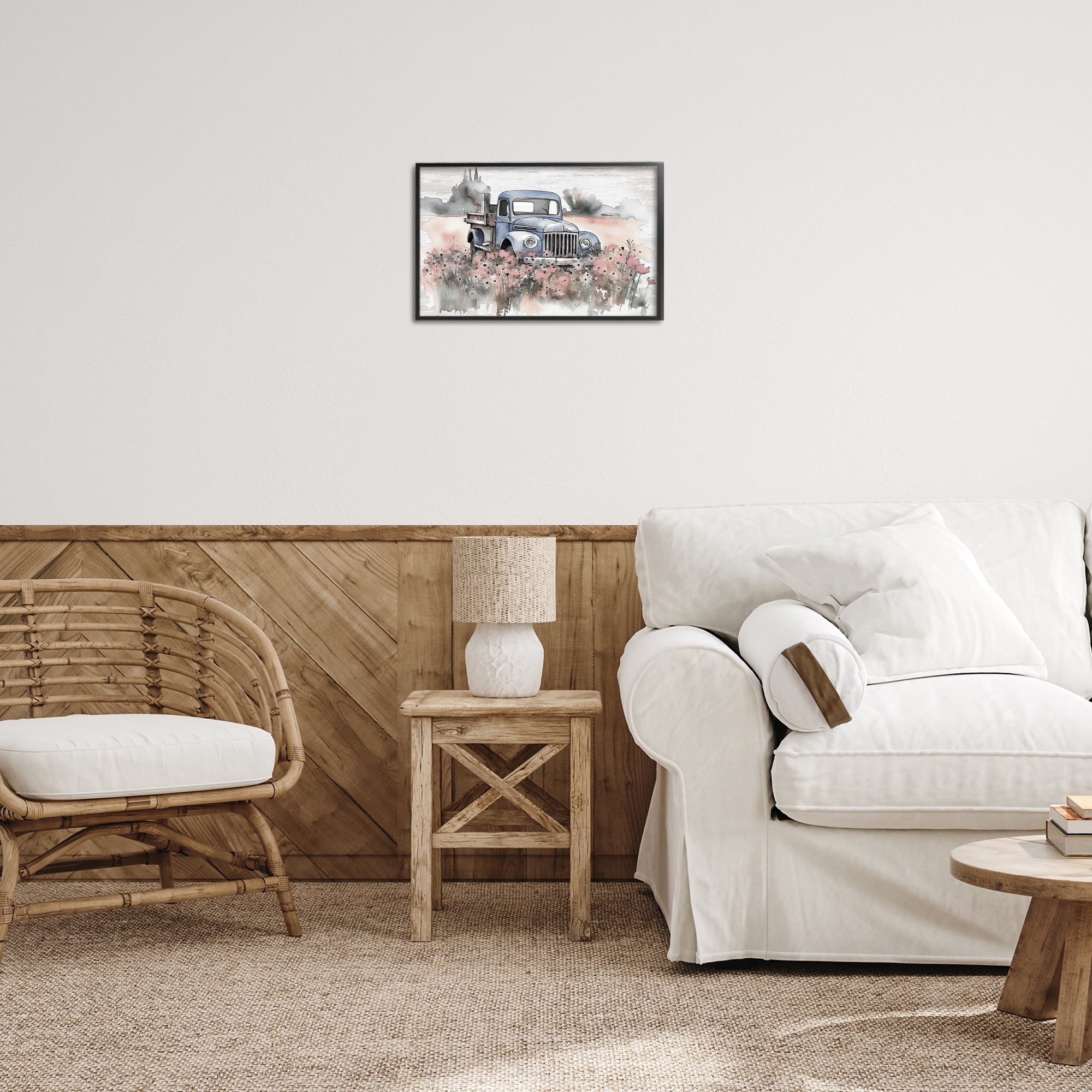 Stupell Industries Pickup in Floral Meadow Transportation Painting Black Framed Art Print Wall Art, 18 x 12