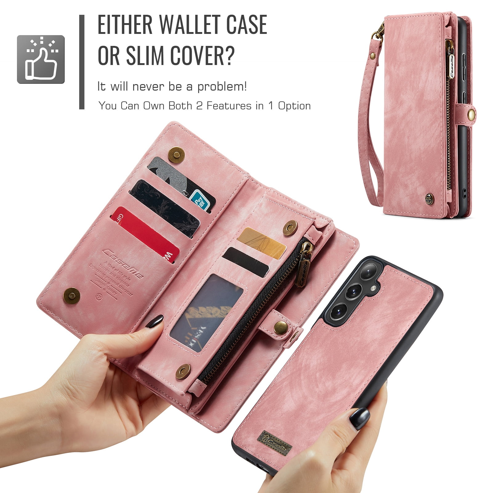 Dteck 2 in 1 Detachable for Samsung Galaxy A16 5G Wallet Case with Card Holder, Shockproof Retro Premium Flip Leather Cover Magnetic Zipper Pocket Phone Cases, Pink