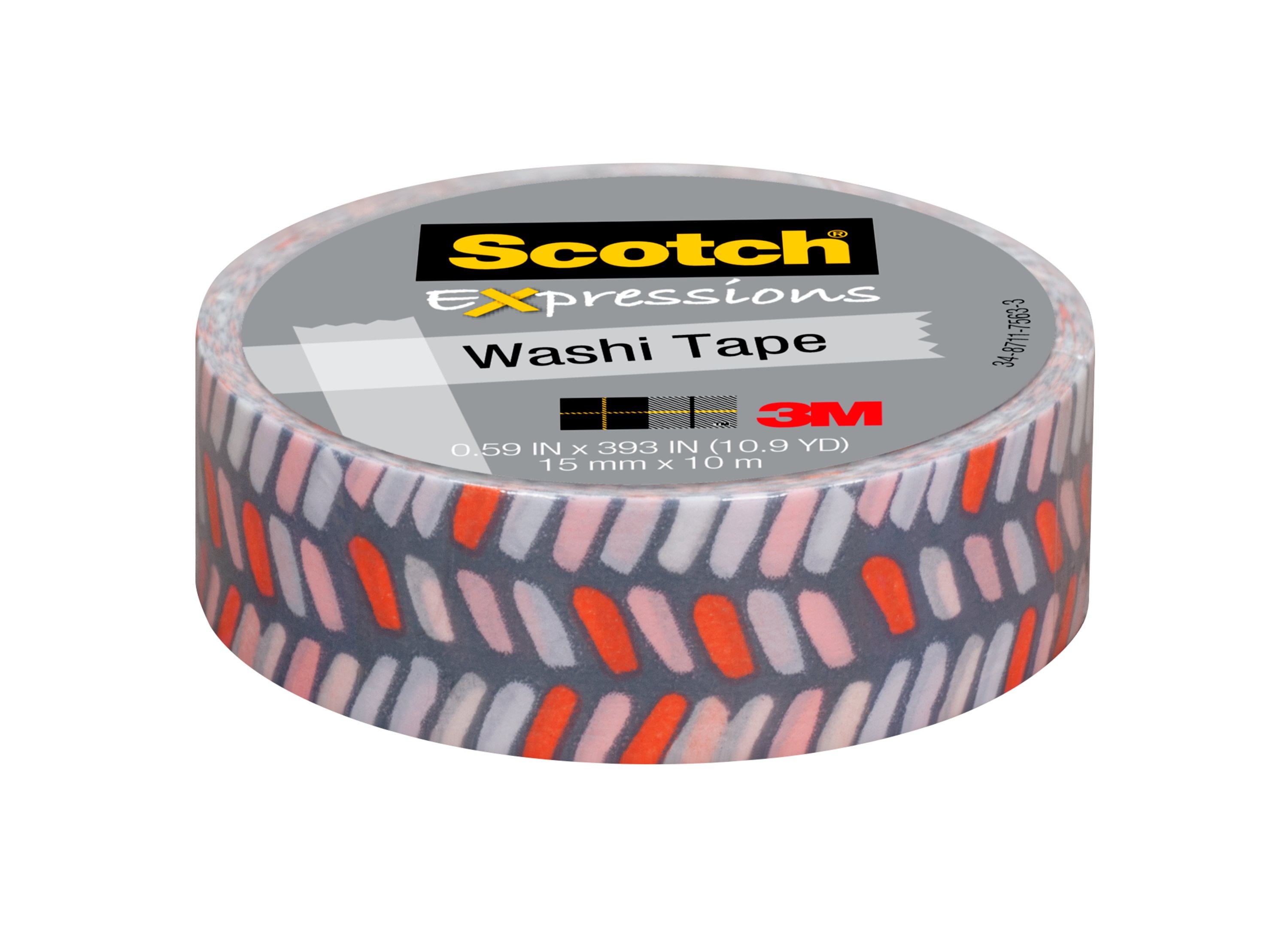 Scotch Expressions Washi Tape, Gray w/ Pink & Red .59" x 393", 1 Roll