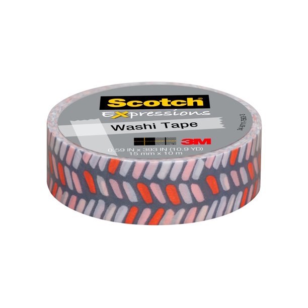 Scotch Expressions Washi Tape, Gray w/ Pink & Red .59" x 393", 1 Roll