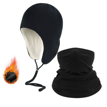 2 Pack Neck Gaiter Hat with Ear Flaps for Women Men Thermal Ski Helmet Liner Beanie With a Adjustable Buckle Stretch Warm Beanie Cap with Scarf Black
