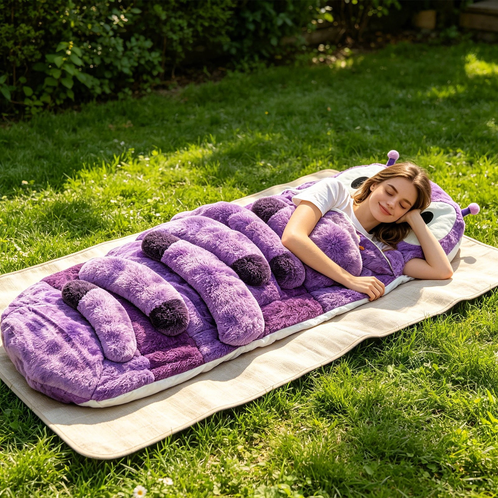 Hugging Caterpillar Sleeping Bags, 75 Inch Plush Cocoon Sleeping Bag with Adjustable Pull Cord for Adults, Indoor Nap Pod, Cozy Reading Nest with Full-Body Hug Feel(Purple)