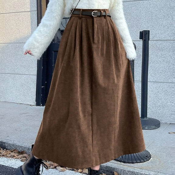 DailyTrove Women's Solid Color Corduroy Waist Belt Long Casual And Fashionable Temperament Half Skirt