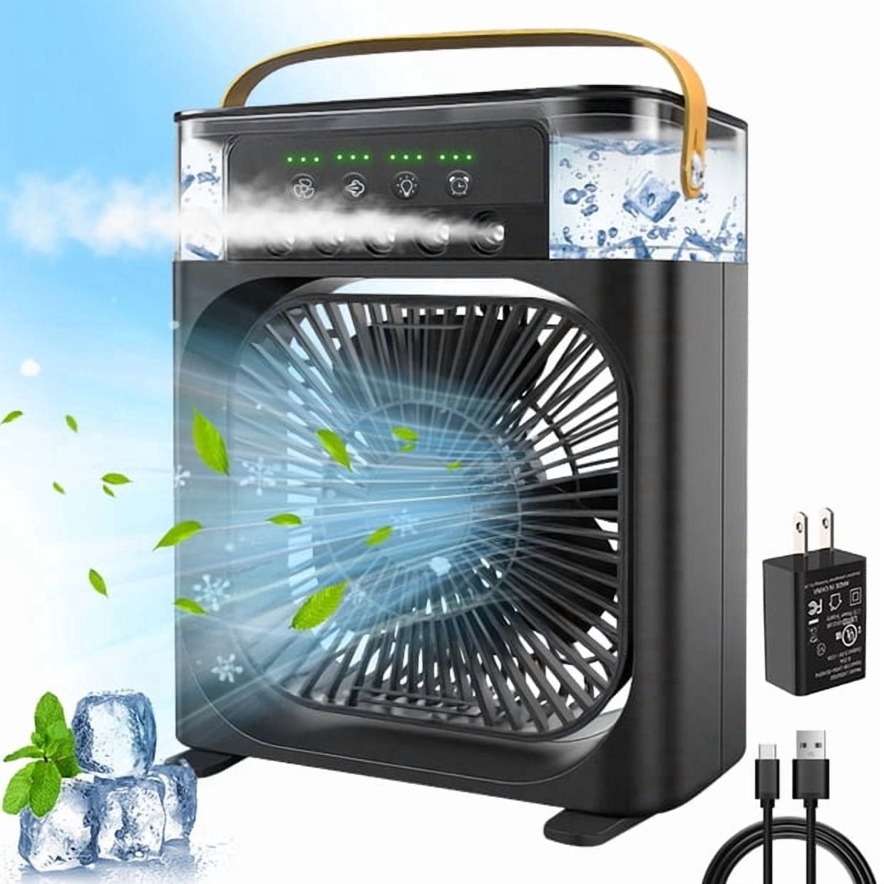 HEEYCEM 10 Inch Ice Mist Desktop Fan, Humidifying Cooling Fan Compatible with Essential Oil, Personal Air Cooler, Portable Air Conditioner Fan, 3 Speed Adjustable, 180° Adjustable Angle