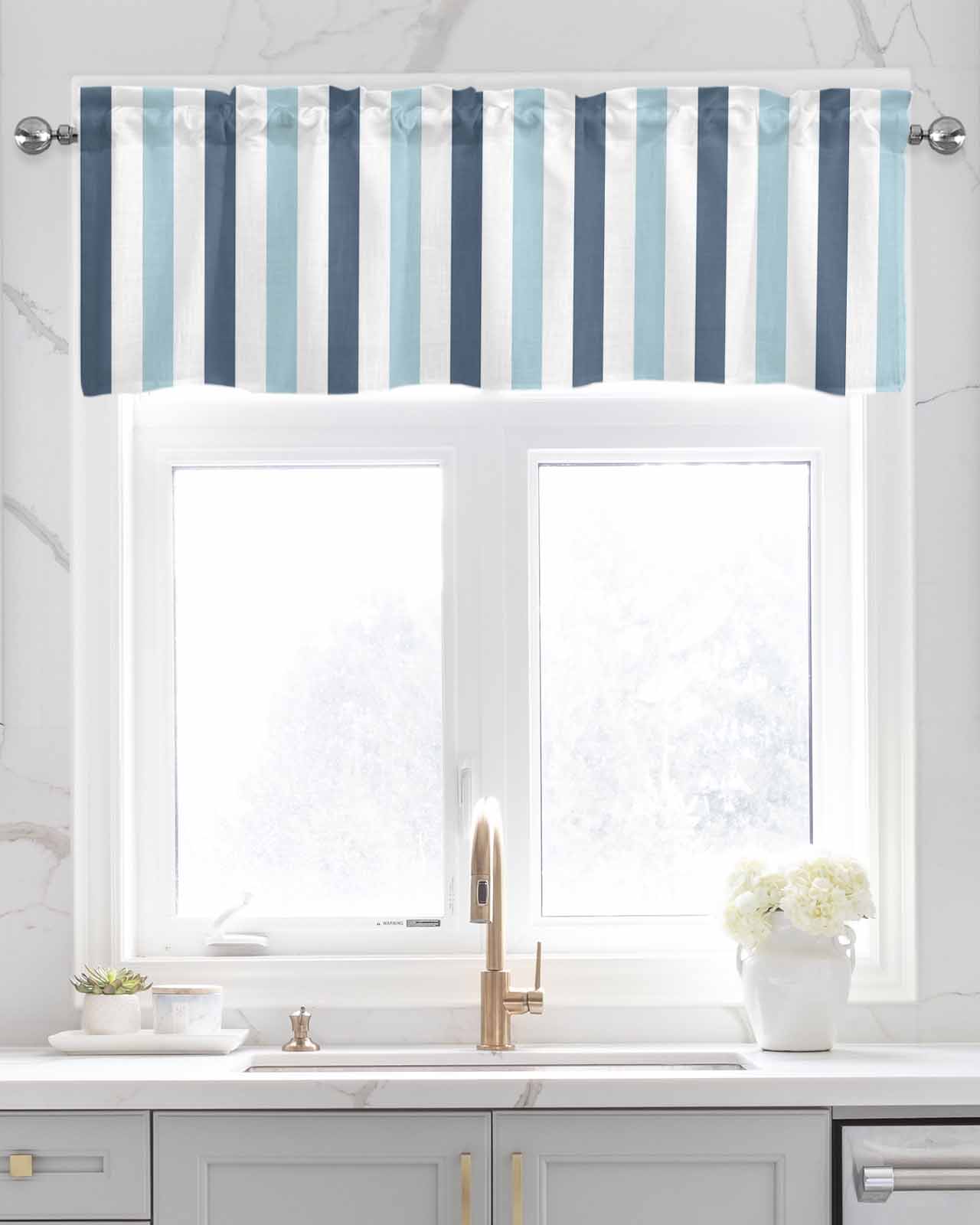 Blue Aqua Striped Kitchen Valances for Windows Farmhouse Linen Window Valance Curtain for Living Room Window Treatment Farmhouse Stripe Art Valance Rod Pocket Topper Drape, 54 x 18 Inch