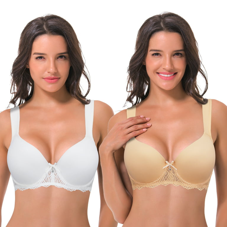 Curve Muse Women's Lightly Padded Underwire Lace Bra with Padded Shoulder  Straps-2PK-WHITE,NUDE-44D