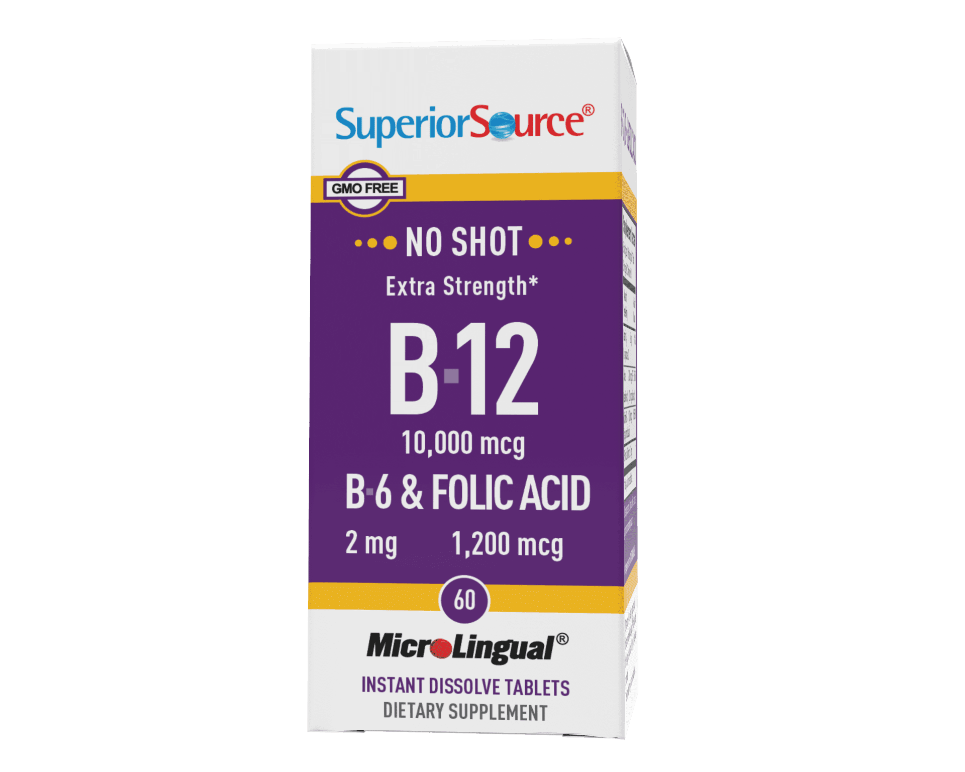 Superior Source No Shot Vitamin B12 Cyanocobalamin Sublingual Instant Dissolve Tablets (10000 mcg), 60 Ct Non GMO