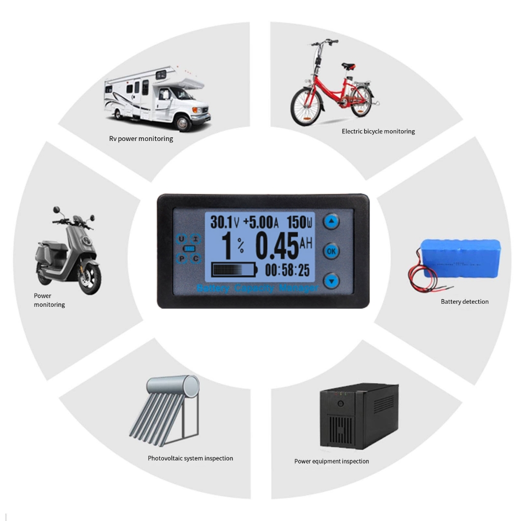 MOMOJIA LCD Display Coulomb Meter Digital Battery Capacity Tester with Shunt Voltage Current Meter Battery Power Indicator Panel