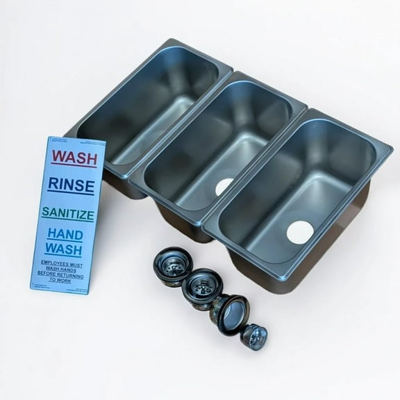3-Compartment Drop-in Stainless Steel Concession Sink Kit, 12.75x7x6 inches, with Strainers and Waterproof Safety Labels