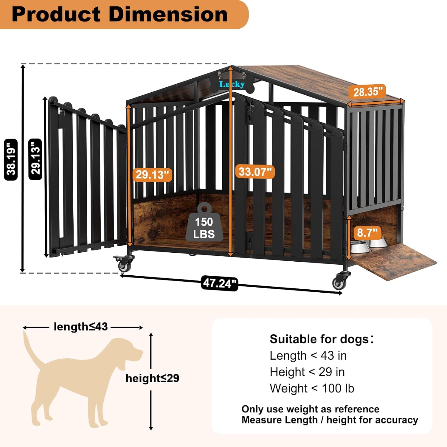 POAO 48"Heavy Duty Dog Crate Furniture for Large Dogs(Over 60lb), Dog Kennel Indoor with 360° Wheels, Dog House with Feeding Window and Name Tag