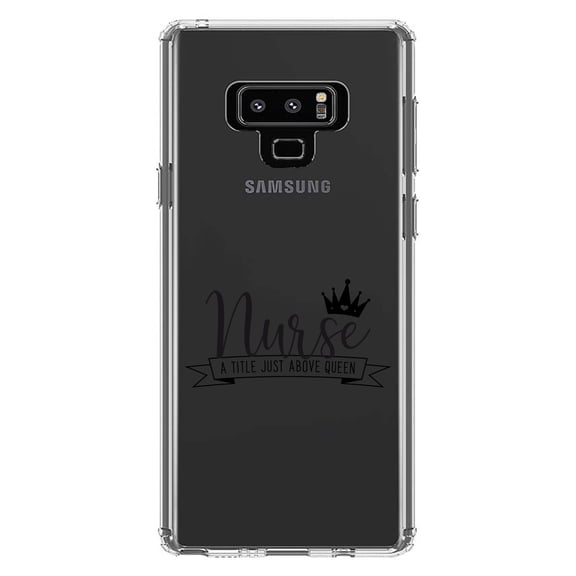 DistinctInk Clear Shockproof Hybrid Case for Samsung Galaxy Note 9 - TPU Bumper Acrylic Back Tempered Glass Screen Protector - Nurse - Title Just Above Queen - Black